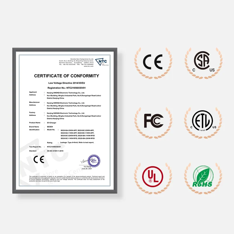 Image showing a Certificate of Conformity and various certification logos including CE, CSA, FCC, ETL, UL, and RoHS.