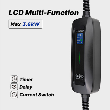 BESEN PCD032 LCD portable electric car charger with multi-functional features such as a timer, delay, and current switch. Max power output of 3.6kW.